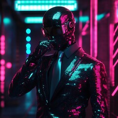 Naklejka premium Robot Adjusting Metallic Disco Suit in Neon Lit Futuristic Scene with Cinematic and High Level of Detail