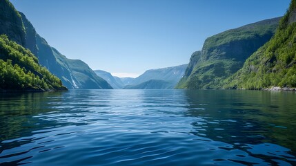 A tranquil fjord with steep cliffs and calm, deep blue waters, surrounded by lush green forests under a clear sky. --ar 169 --v 6.0 - Image #2 @Pathaan_Zaib