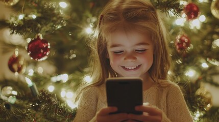 A joyful girl using a smartphone in front of a beautifully lit Christmas tree.