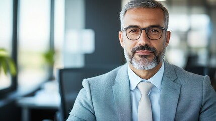 Fototapeta premium Confident middle-aged businessman with gray beard and glasses posing in modern office environment reflecting professional success and leadership qualities