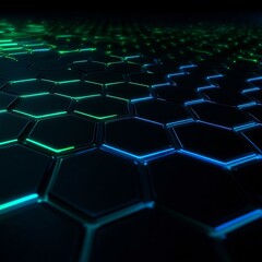 Obraz premium Hypnotic Hexagon Grid Backdrop with Glowing Neon Blue and Green Lights in a Futuristic Minimalist Design Abstract Digital and Technological Background Concept