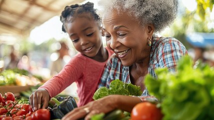 A joyful grandmother and granddaughter selecting fresh vegetables at a market.
