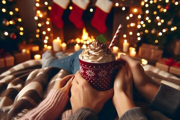 Close-ups of hands holding mugs of hot chocolate with whipped cream, surrounded by glowing Christmas lights.