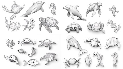 Fototapeta premium Adorable Ocean Animals Wireframe Sea Creatures Dolphins Turtles Crabs Seahorses