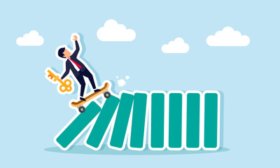 A businessman carrying a key rides a skateboard crashing into a row of blocks, illustration of solving business problems with the right solutions