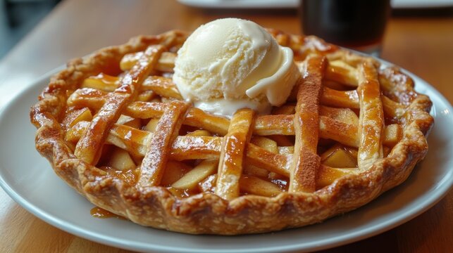 Spiced apple pie, with a crispy golden lattice crust filled with tender cinnamon spiced apple slices, topped with a scoop of melting vanilla ice cream and drizzled with rich caramel sauce - Powered by Adobe