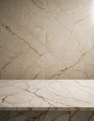 Empty white marble table top with blur tile wall background for luxury product photoshoot