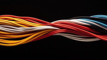 A vibrant arrangement of intertwined wires in various colors against a black background, showcasing their texture and form.