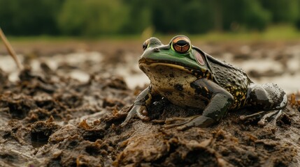 Obraz premium Close-Up of a Green Frog Sitting on a Muddy Surface in a Natural Setting, Showcasing Its Unique Features and Vibrant Details in the Wild Environment