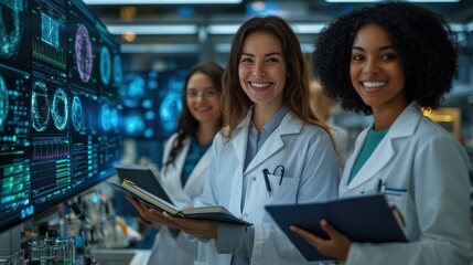 Group of Diverse Female Scientists in Laboratory Smiling While Holding Notebooks and Working with Advanced Technology Display in Modern Research Facility