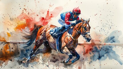  A jockey in a horse race. watercolor. 