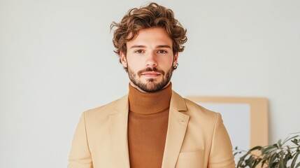 Obraz premium Stylish young man in cream blazer and brown turtleneck sweater posing confidently in modern interior with neutral background and greenery accents