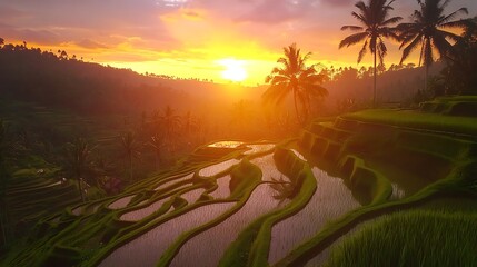 Obraz premium A tranquil rice terrace landscape bathed in golden sunset light