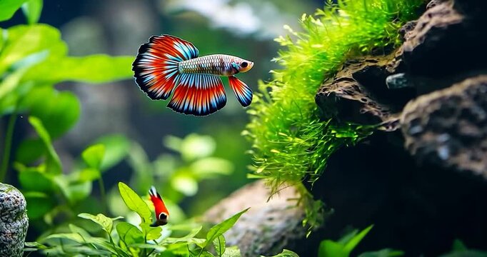 A breathtaking aquarium scene, where a male guppy fish with a striking orange, white, and blue pattern is swimming against a backdrop of mossy rocks and lush aquatic plant