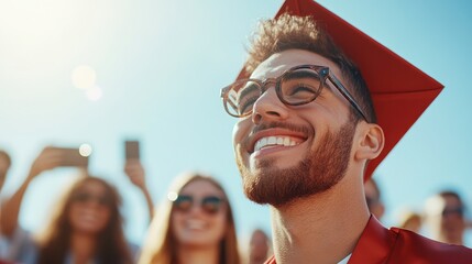Fototapeta premium Joyful graduate wearing graduation cap and glasses smiling brightly while celebrating with friends on a sunny day during commencement ceremony outdoors
