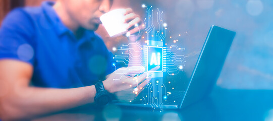 Man drinking coffee and working with laptop and smartphone in cafe, AI glowing chip hologram hud...