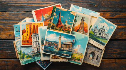 A vivid stack of vintage postcards prominently displaying various travel landmarks, arranged neatly on a wooden surface, highlighting vibrant and detailed artwork. Vintage. Illustration