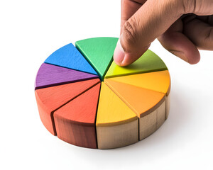 Obraz premium A hand is adjusting a colorful wooden pie chart with eight segments.