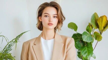 Fototapeta premium Young woman with stylish short hair posing in neutral blazer against light background surrounded by green indoor plants showcasing modern beauty and fashion