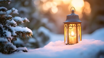 Naklejka premium Illuminated Lantern Rests in Snowy Winter Forest Scene