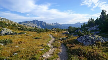 Fototapeta premium Majestic Mountain Vista: A Serene Hiking Trail Through Alpine Meadows
