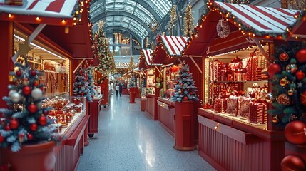 Christmas fair, mall interior, with red booths, with different Christmas items to sell, candies, hot chocolates, Christmas balls, booths, festive vibe, vivid color.