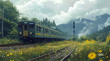 Obraz premium Serene Journey: A Train Through a Summer Landscape