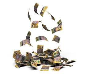 Falling Australian 50 dollar bills banknote transparent image 3d rendering, mette shadow ready