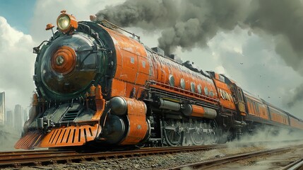 Obraz premium Majestic Retro Steam Train Journey Through a Cityscape