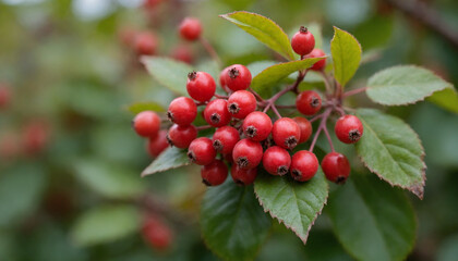 Obraz premium Close-up of bright red berries on a branch surrounded by green leaves