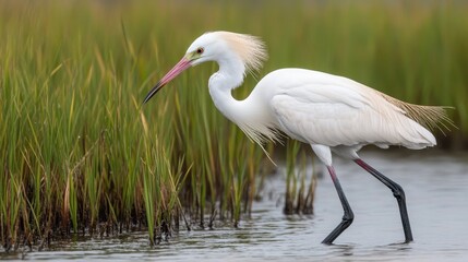 Obraz premium Elegant White Bird Wading Through Marsh Grasses in Calm Waters During a Soft Misty Morning Light, Capturing Nature's Serenity and Beauty