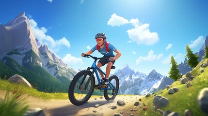 Naklejka premium Colorful 3D of a Cartoon Cyclist Pedaling Their Bike on a Winding Mountain Trail with a Clear Blue Sky in the Background