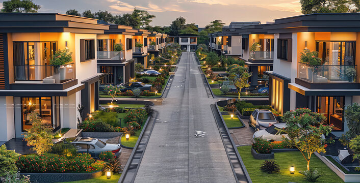A residential township with a gated society. Each home is a single-story structure with flat roof. The homes are arranged symmetrically along clean, well-lit pathways. a small green area with a lawn.