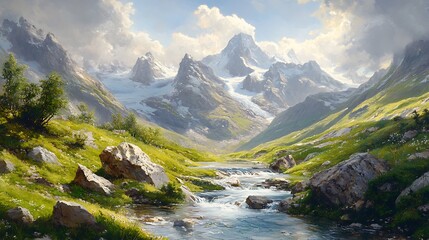 A rugged alpine scene with a glacial stream winding through a valley