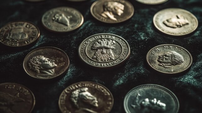 Vintage Coins on Dark Velvet Background