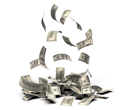 Falling 100 us dollar bills banknote transparent image 3d rendering, mette shadow ready