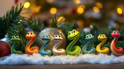 Funny small toy snakes of different colors with New Year and Christmas decoration on background 