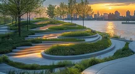 Waterfront Park, leisurely crowd grass slopes, layered terrain art, high saturation, winding rivers, dotted with trees, city skyline, dazzling sunset at dusk.