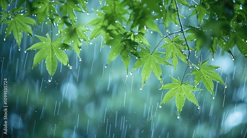 Poster spring rain, green leaves hanging from the branches of maple trees. raindrops falling on a blue back
