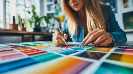 Fototapeta premium Young woman sitting table large number color swatches Creative people workplace Closeup