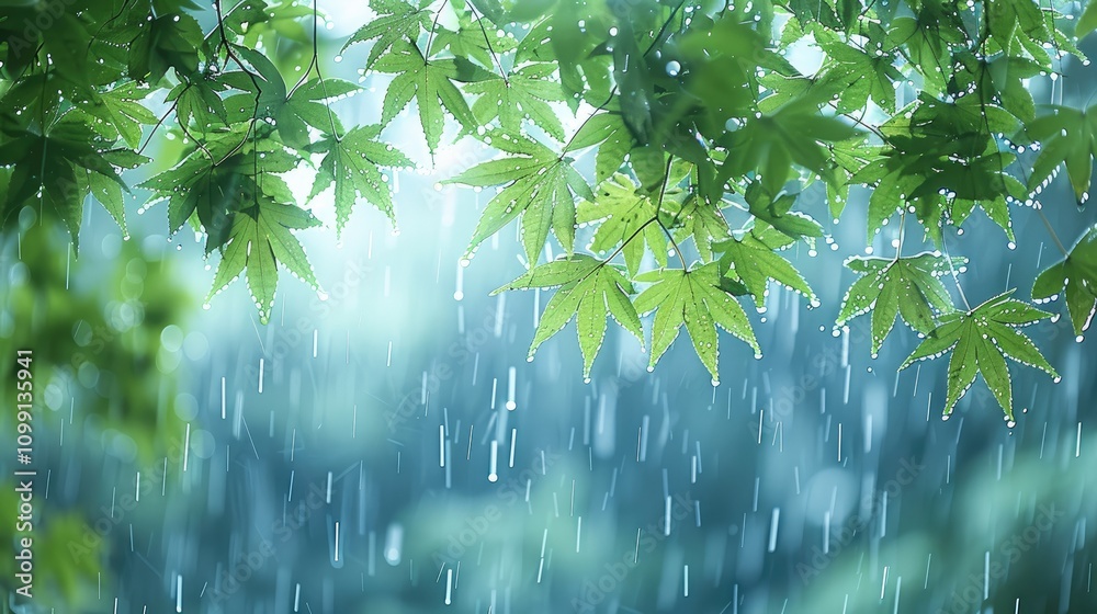 Poster spring rain, green leaves hanging from the branches of maple trees. raindrops falling on a blue back