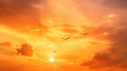 Fototapeta premium Beautiful landscape sunset sky filled orange yellow hues Fiery Dramatic