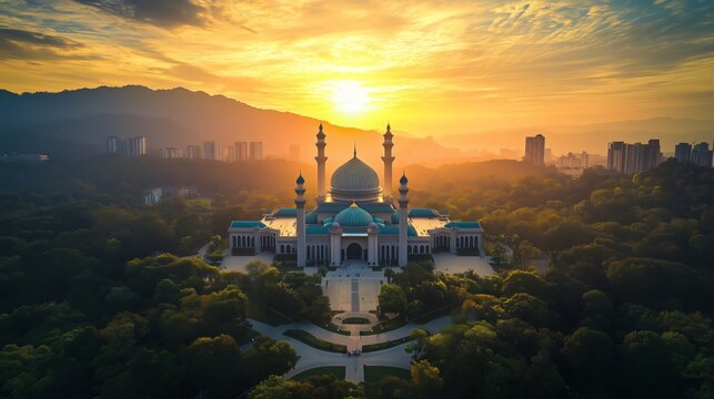 Sunrise illuminating the majestic sultan mizan zainal abidin mosque in putrajaya, malaysia