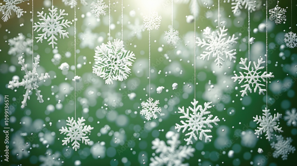 Poster Green background with white snowflakes, festive and warm atmosphere. The green color adds coolness, while the delicate texture of the falling snowflake creates an elegant visual effect.