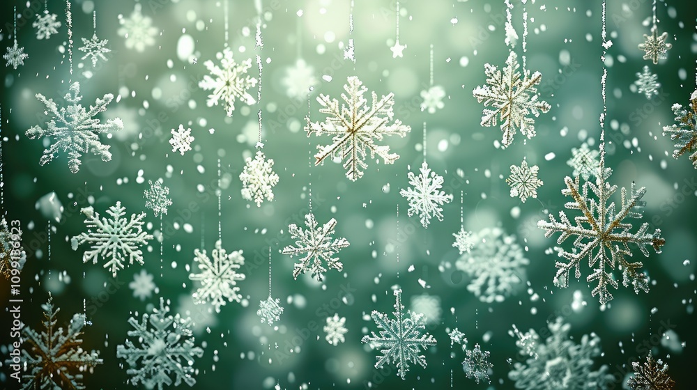 Poster Green background with white snowflakes, festive and warm atmosphere. The green color adds coolness, while the delicate texture of the falling snowflake creates an elegant visual effect.