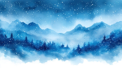 Fototapeta premium Winter watercolor horizontal gradient background, texture with falling snow splash texture. Christmas, New Year hand drawn template with uneven edges. Shades of blue watercolour stains