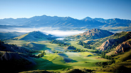 Fototapeta premium breathtaking landscape showcasing rolling green hills and majestic mountains under clear blue sky, evoking sense of tranquility and natural beauty