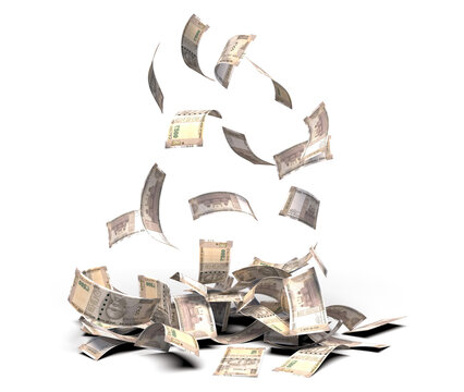 Falling indian 500 rupee banknote transparent image 3d rendering, mette shadow ready