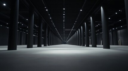 Long empty corridor high ceiling multiple rows columns hall exhibition centre.The