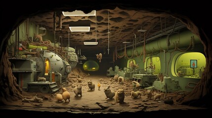 A whimsical cartoon showcasing a nuclear fallout shelter where friendly animals have found a safe haven and coexist in harmony